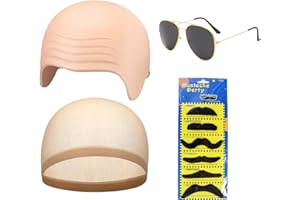 SSKHE Juego de disfraz de gorra calva para adultos, gorra de látex + gafas de sol negras + paquete de barba falsa + red para el pelo | Accesorios de cosplay para Halloween, icono de música y disfraz
