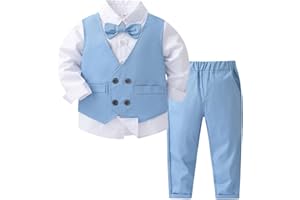 Yaopelky Kleinkind Junge Formeller Anzug Set Mock Zweiteiliges Hemd mit Weste Kleinkind Gentleman Anzüge Jungen Hochzeit Outfits