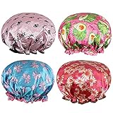 Rovtop Shower Caps，4 Packs Waterproof Shower Caps Elastic Band Shower Hats Double Layer Bath Caps Perfect for Women and Girls