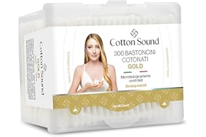 Cotton Sound GOLD Bastoncini Cotonati 1 confezione x 300 Pezzi, Scatola Apri e Chiudi, Bastoncini Cotonati in Carta Biodegradabile, 100% Puro Cotone Idrofilo, Ideali Pelli Sensibili, Made in Italy