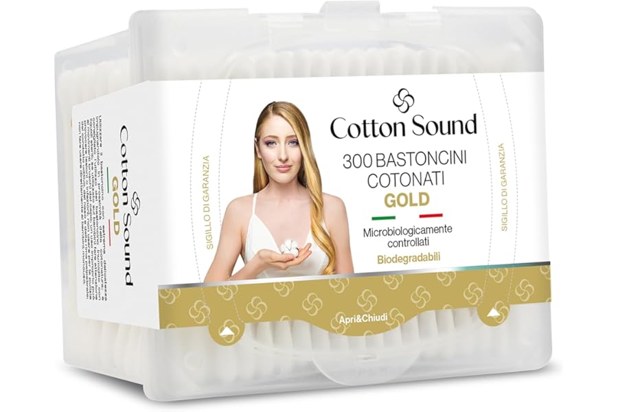 Cotton Sound Gold Cotton Sticks, 1 Pack x 300 Pieces, Open and Close Box, Biodegradable Cotton Sticks, 100% Pure Hydrophilic Cotton, Ideal for Sensitive Skins, Made in Italy