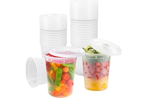 Kleemeiero 50 Vud. Vasos Plastico Duro Reutilizables 960ml, Redondos con Tapa, Vaso Sidra, Envases Sopa, Líquidos Aperitivos Frutas