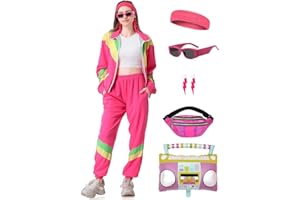 Coseaon 80er 90er Jahre Outfit Damen Trainingsanzug Jacke Hose Anzug 80er Retro Kleidung Accessoire 80s Kostüm Halloween Karneval Party (Rosa, M)