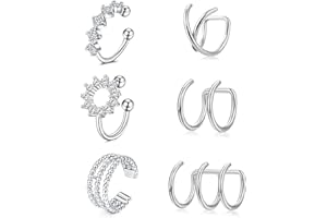 LAURITAMI 6pcs Silver Ear Cuff Fake Earrings Surgical Steel Clip On Fake Helix Cartilage Ear Non Piercing Jewellery