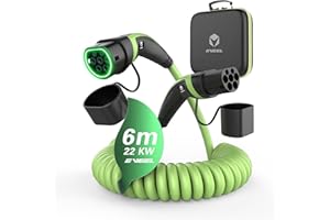 EVEEL Kabel do ładowania typu 2 22 kW, zielony, spiralny, 6 m, kabel do ładowania typu 2, kabel spiralny 32 A, 3-fazowy, kabel do ładowania samochodu elektrycznego typu 2 na typ 2, kompatybilny z