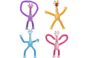OUOQI 4 Stück Teleskop Giraffe Saugnapf Spielzeug,Giraffe Pop Röhren Sensorik Spielzeug,Sensorisches Spielzeug Baby,Giraffe Mit Verschiedenen Formen,Giraffen Teleskop Pop Tubes Spielzeug,für Jungen Mädchen