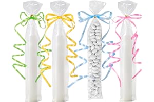 GEBETTER 100pcs Bolsas Celofán Transparente para Chuches Regalo 5x25cm con Cierres Dorados + 4 Colores de Cintas Bolsas Plástico Transparente para Brochetas de Chuches Velas Largas