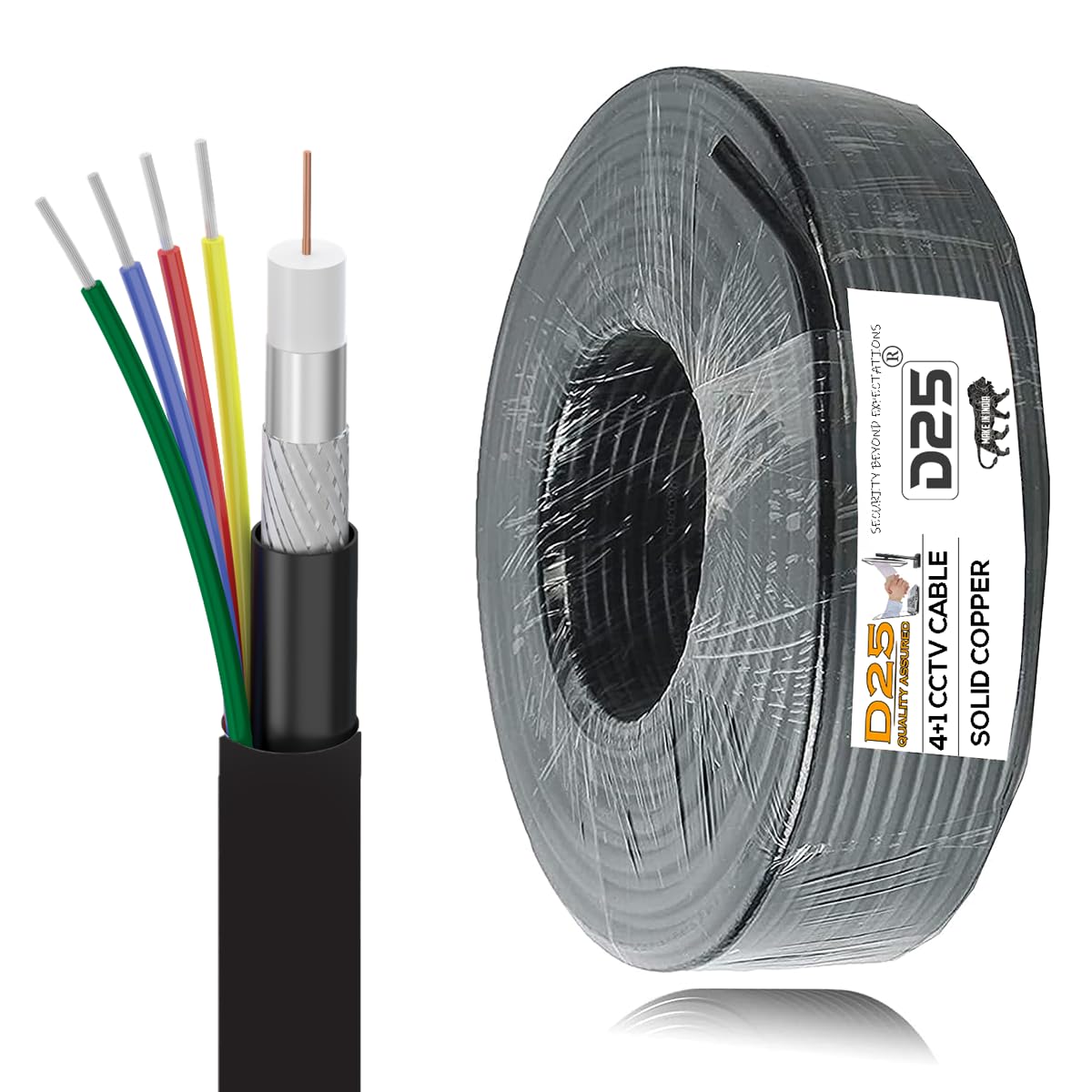 D25 4+1 Coaxial Pure Copper CCTV Camera Standard Cable for Security and Surveillance | Solid Annealed Bare Copper Conductor | Video, Power and Audio Communication, Black (40 METER)