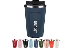 Suntq Stainless Steel Coffee Mug to Go, Thermal Mug, Double Wall Insulated – Coffee Cup with Leak-proof Lid, Reusable – Black Blue, 380 ml