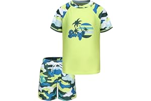 AISYEE Boys Rash Vest Kids Two Piece Swimming Costume with Board Shorts Short Sleeve Boys Swimsuit Set Age 5-16 Years