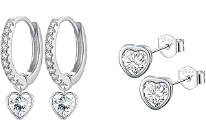 Epoch World 2 Paires Boucle D'oreilles Argent Pendantes Cœur Petites Huggie Créoles avec Pendentif Boucles D'oreilles Coeur en Argent 925 pour Femme Filles Clous D’oreilles Hypoallergénique
