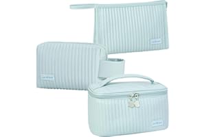 Linpr Neceser Maquillaje de 3 Piezas para Mujer, Neceser Viaje Grande para Niña, Bolsa Maquillaje Organizador de Cuero Sintético a Rayas, Linda Bolsa de Aseo para Mujeres y Niñas (Azul)