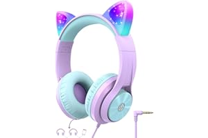 iClever Casque Audio Enfant, Oreilles de Chat Lumineuses LED, Volume Limité à 85dBA, Port partagé, pour Enfants/Ecole/iPad/Tablette Voyage