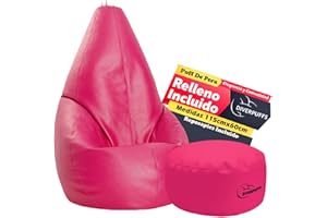 Diverpuff Puff Pera XL Fucsia con Reposapiés Incluido Relleno Ya Integrado Asiento Ergonómico para Adultos y Niños Ideal para Salón Dormitorio Juego o Lectura Diseño Interior Exterior Confort