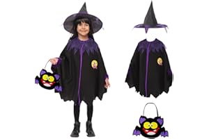 ASSUGO Halloween Umhang Kinder, halloween kostüm kinder mädchen mit halloween tüten, Lila-Schwarz Hexenkostüm Mädchen mit Hexenhut für Fasching Karneval Party 3-10 Jahre 100-140cm