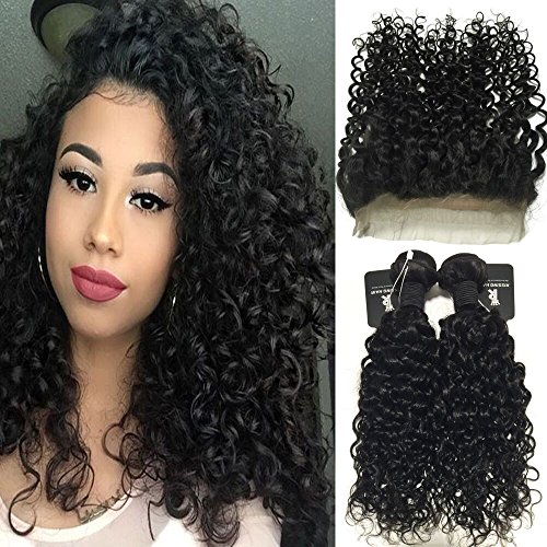 RISSING 360 Frontal with 2 Bundles Deep Curly Hair, Brazilian Curly Hair Bundles Deals Remy Human Hair Extensions Free Part 8A Soft Thick (16" 18" & 14")