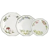 Queen's Victorian Orchard 12-Piece Stoneware Dinnerware Set for 4 | Green, Decagonal Design, Decorated Finish, Stackable, Mic