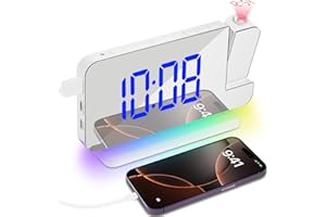 Adiwo Reloj Despertador con Proyección, Reloj con Espejo Digital LED de 7,4″ con Pantalla de 11 Color RGB, Luz Nocturna de 10 Colores, Proyector Giratorio 180º, Cargador USB (Blanco)