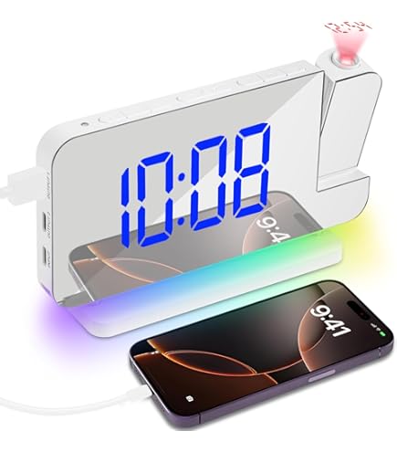 ThreeH Projectiewekker met USB-oplader voor telefoon, radiowekker met 2