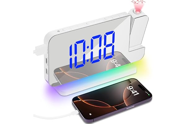 Adiwo Projektion väckarklocka, digital väckarklocka med stor LED-display och dimmer, 7,4 tum spegelväckarklocka, 180° projektor, justerbar ljusstyrka, USB-laddare, snooze, 12/24 H för sovrum, kontor