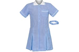 Hamishkane® Girls Gingham School Dress, Short Sleeve Pleated School Uniform Girls, Kids Check Print Zip up Gingham Summer Dress with Pockets and Hair Bobble (Scrunchie), Ages 3-20