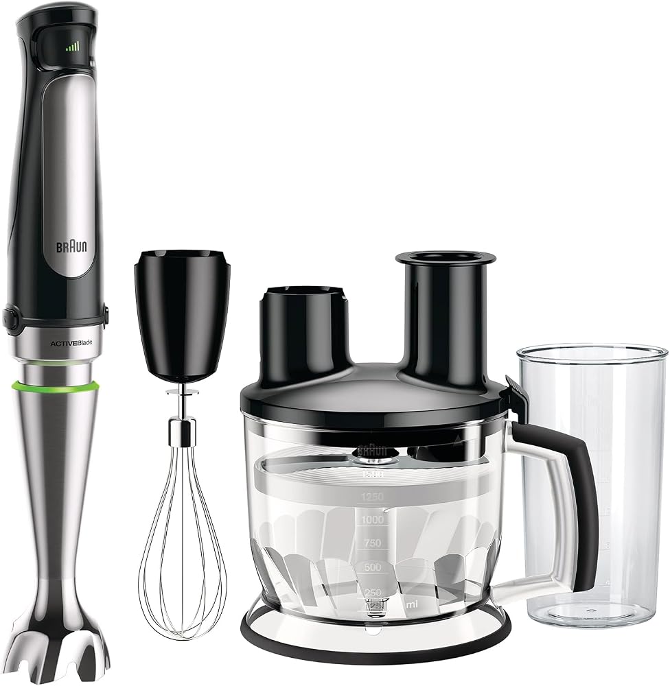 Braun MultiQuick 7 MQ 7075X el blenderi, ActiveBlade teknolojisine sahip çıkarılabilir paslanmaz çelik blender ayağına sahip el blenderi, 3 parçalı aksesuar seti dahil, 1000 watt, siyah