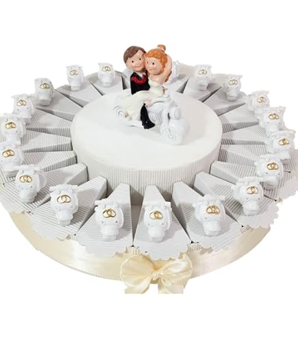 Torta Bomboniere Matrimonio Con Moto Bianca E Fedi Dorate – 20 Fette, Confetti Inclusi, Centrale Sposi, Regalo Anniversario