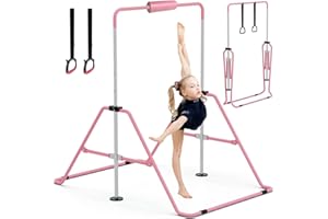 GYMMAGE Gymnastics Bars with Bar Pad, Junior Training Kip Bar Gymnastics Equipment for Home Garden, Adjustable Height Gymnastic Folding Horizontal Bar with Gymnastic Rings for Kid Boys Girls