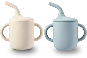PandaEar 2 Pack Silicone Sippy Cups for Toddlers with Straw & Handles| Non Spill Baby Cups from 6 Months| Weaning Cup Toddler Drinking Cup Baby First Cup (White Blue)