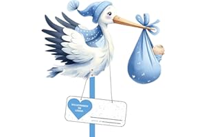 SUNSHINE SMILE Klapperstorch Set zur Geburt Baby,81cm hoch Babystorch,Großer niedliche Holz Klapperstorch für Baby,Beidseitig Bedruckt,Geburtsstorch inkl,Holzstab+ Namensschild Grußkarte