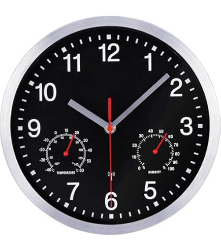 BonVIVO Orologio Da Parete Radiocontrollato 30 Cm – Silenzioso Con Termometro E Igrometro – Design Alluminio Bianco