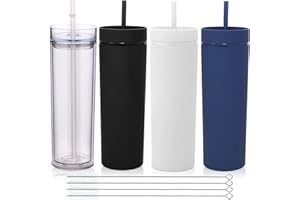 Volhoply 600ml Tumbler en Plastique Réutilisables Lot de 4,Tasse en Plastique à Double Paroi avec Couvercle et Paille,Gobelets à Café en Acrylique de Matte Libre BPA pour Soirées(Assortiment,4 Set)