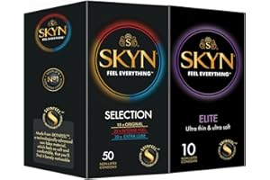 SKYN Lot de 60 Préservatifs: 10x Elite (Ultra-Fins) & 50x Sélection (10x Classique, 20x Perlé, 20x Extra-Lubrifié) | Préservatifs Sans Latex pour Homme |Taille Standard Diamètre 53mm
