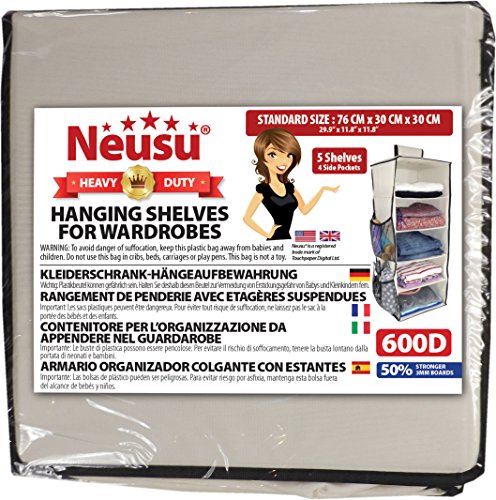 Neusu Heavy-Duty Kleiderschrank-Hängeaufbewahrung – 5 Regalfächer Plus 4 Seitentaschen – Beige 600D Stoff – 30 cm x 30 cm x 76 cm (65+ Liter Fassungsvermögen) (Beige) - 6