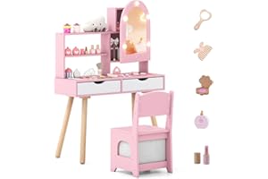 COSTWAY Tocador de Maquillaje Niña, Tocador Niña Madera con Espejo Iluminado, Estantes Abiertos y Cajones de Almacenamiento, Juego de Mesa de Maquillaje Estilo Conejito para Niños de 3+ Años (Rosa)