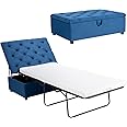 COSTWAY Folding Sofa Bed with Mattress, 2-in-1 Convertible Sofa Ottoman, Space-Saving Button Tufted Couch Sleeper Lounger Footstool for Living Room, Bedroom and Office (Blue)