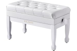 FILISITE Adjustable Duet Piano Bench with Storage, Heavy Duty Solid Wood Double Piano Stool Keyboard Bench Seat with PU Leather Padded Cushion (White)