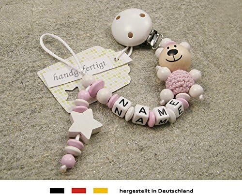 Personalised Baby Dummy Clip Chain | Pacifier Soother Holder with Preferred Name – Girls & Boys Motif Bear & White Star