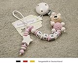 Baby SCHNULLERKETTE mit NAMEN | Schnullerhalter mit Wunschnamen - Mädchen & Jungen Motiv Bär und Stern in weiss