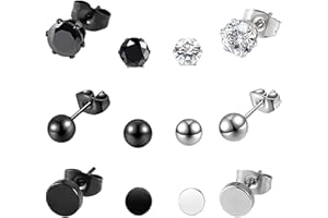 KARJIAJA 6 Pairs Black Stainless Steel Stud Earrings - CZ Cartilage Huggie Piercing with Dumbbell Barbell and Black Zircon for Women and Men