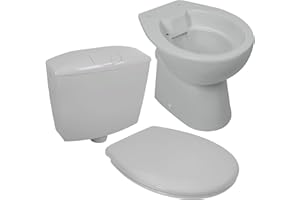 Calmwaters® spülrandloses Stand WC, waagerechter Abgang, Komplettset Aufputz-Spülkasten und WC Sitz Manhattan-Grau, Tiefspüler Sanitärkeramik, WC Sitz mit Absenkautomatik, 99000182
