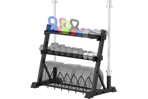 JX FITNESS 3-Tier Dumbbell Rack Multifunctional Weight Storage Weight Organizer for Home Gym Fit for Dumbbells, Kettle dumbbells, Weight Plates, Olympic Bar and Curl Bar
