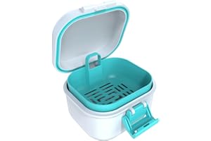 ARGOMAX Szczelne pudełko na protezy, przenośna puszka na protezy zębów, pudełko na protezy zębowe z sitkiem, na protezy i aparaty ortodontyczne (biały + cyjan).