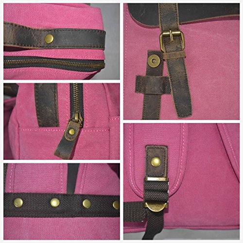 Y-DOUBLE Fashion Segeltuch Leder Canvas Vintage-Stil Unisex Junge Reisetasche Wandertasche 15 inch Laptop Rucksack für Studenten Freizeit - 5