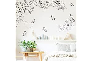 Runtoo Autocollants muraux à suspendre motif fleurs et papillons noirs pour chambre à coucher, salon, décoration d'intérieur