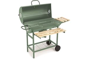 CREATE/BBQ SMOKEY/Barbacoa ahumadora de carbón con ruedas verde sage/De acero inoxidable, parrilla superior, control de temperatura, bandeja frontral y bandeja lateral, fácil de transportar