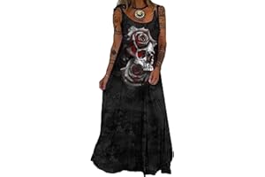 each women Womens Punk Baggy Shirt Dress Ladies Rose Skull Plus Size Dresses Strapy Floor Length Casual Maxi Dress