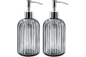 GCCL 2 Pack Glass Soap Dispenser Bottle with Pump, 14 Oz Refillable Liquid Hand Jar Dispenser for Bathroom, Countertop, Kitchen, Laundry Room (Dark Grey)