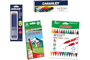 Alpino Lote Material Escolar | 12 Lápices de Colores 12 Rotuladores Doble Punta 12 Lápices Grafito 15 Ceras Manley | Disfruta Pintando y Coloreando | Pack Material Escolar