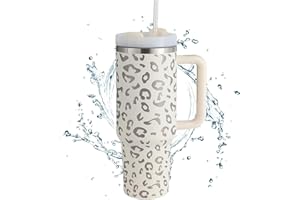 GAWENTINY 40 oz Thermobecher mit Strohhalm und Deckel, doppelter vakuumisolierter Kaffeebecher aus Edelstahl mit Henkel, 1182ml Reisebecher mit Strohhalm(Düne Leopard)